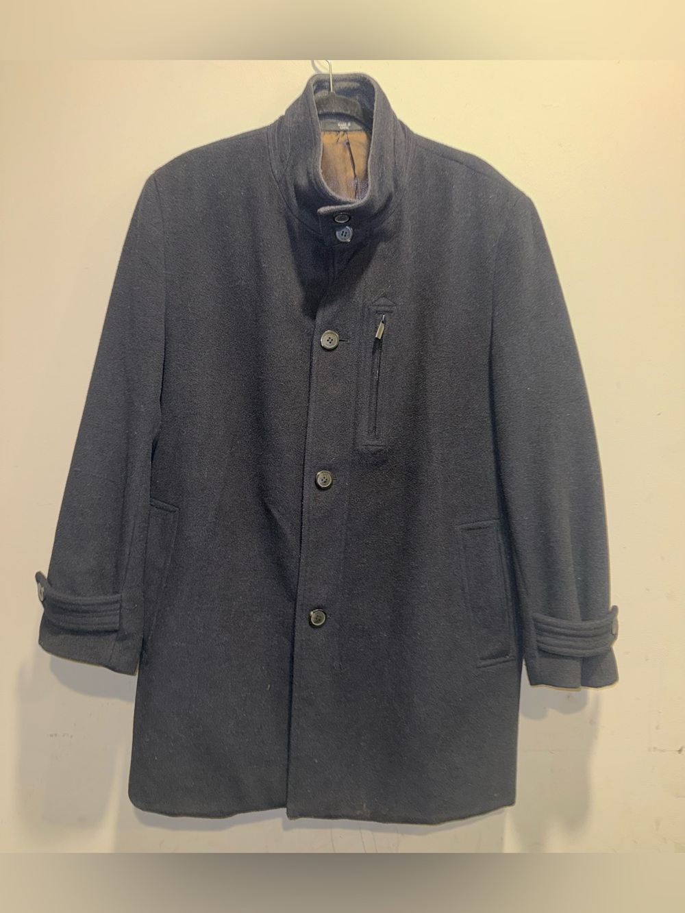 Men's Navy Wool-Blend Coat - Classic Stand Collar Jacket